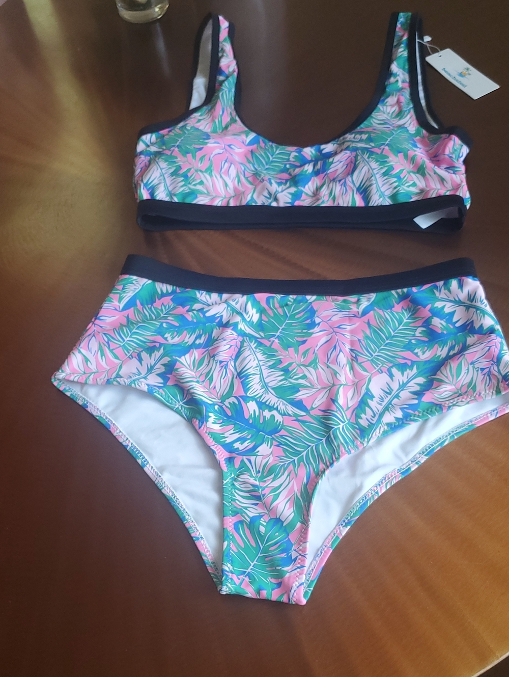 Womens  Two-Piece Tropical Leaf Swim Set - Pink & Green Very Cute Color